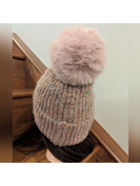 Norla Canada Pink multicoloured yarn cable knit beanie hat with faux fur pom pom main image 4